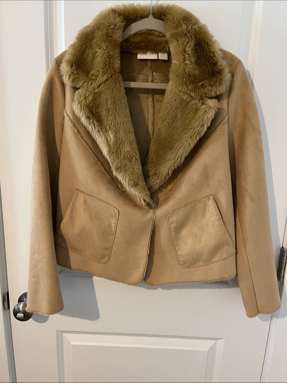 Chico's Camel Teddy Jacket with Plush Faux Fur Collar. 78% ACRYLIC 22% POLYESTER
